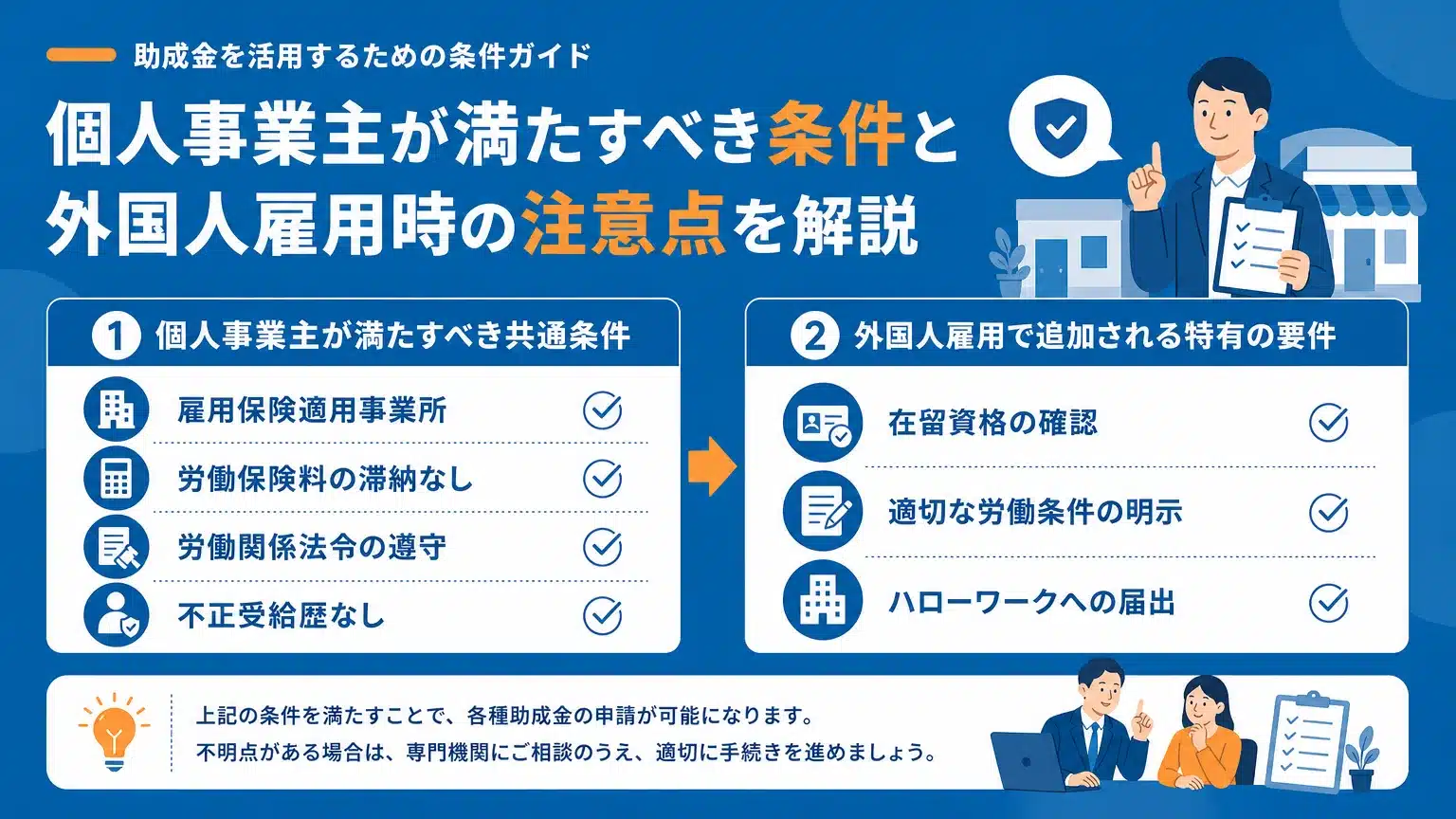 個人事業主が助成金を受給するための共通条件と外国人雇用特有の注意点