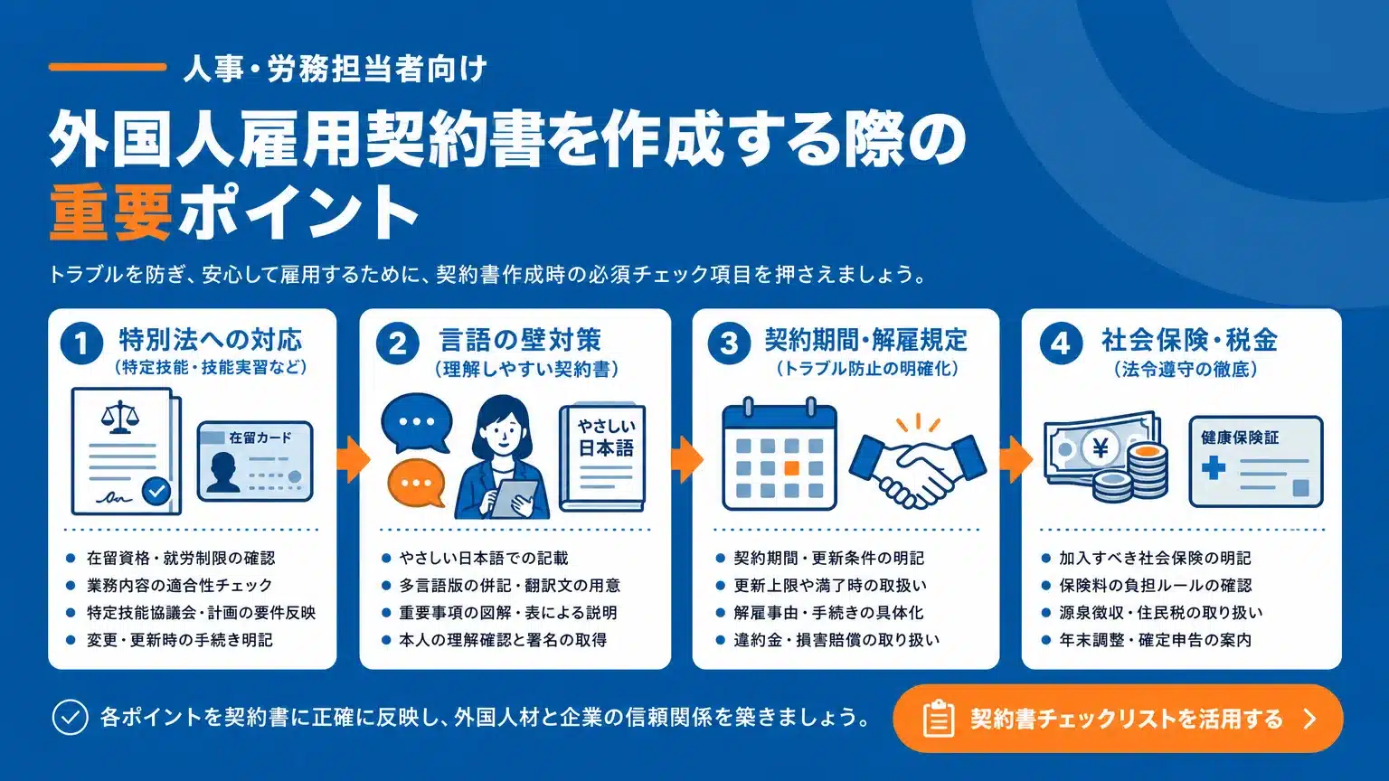 人事・労務担当者が押さえるべき外国人雇用契約書の重要注意点